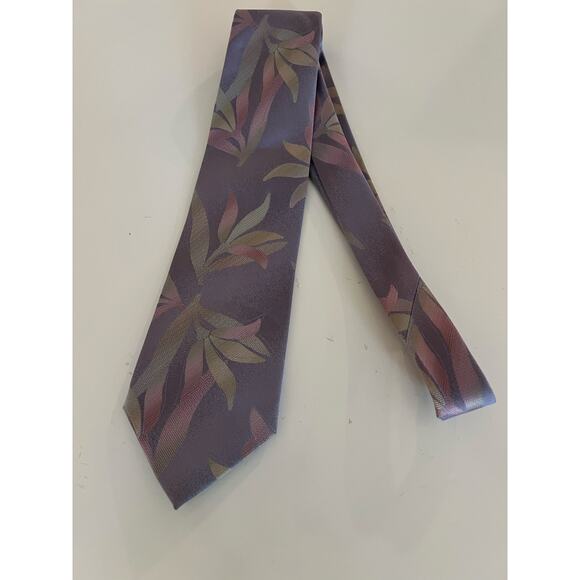 J. Garcia Men's Silk Necktie Pastel Purple Pink Green All Over Leaves Print JL - Picture 6 of 8